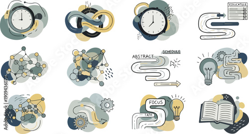 Education and productivity concept set with time management tools, abstract logic symbols, creative thinking lightbulb, and academic research icons in flat doodle style