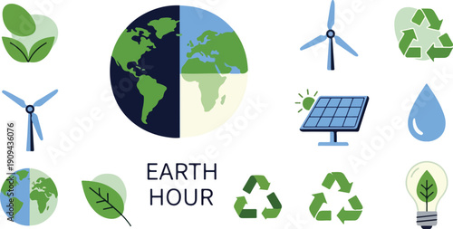 Earth Hour Concept for Environmental Conservation with Renewable Energy Icons and Green Symbols