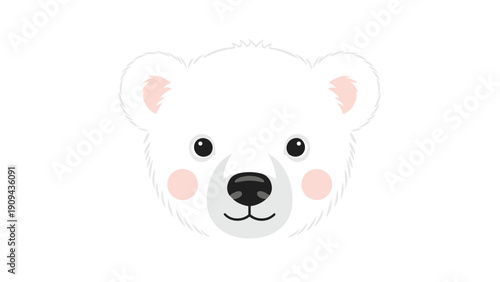 Close up portrait of an adorable cartoon polar bear head with soft white fur and rosy pink cheeks on a white background.