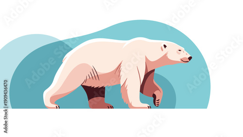 Detailed vector illustration of a large polar bear walking against a stylized blue arctic mountain background at the north pole.