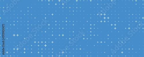 Seamless background pattern of evenly spaced white plus symbols of different sizes and opacity. Vector illustration on blue background with stars