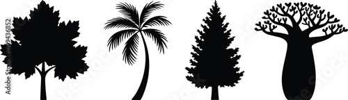 Tree silhouettes set with maple palm pine and baobab, black forest vector icons isolated on white background