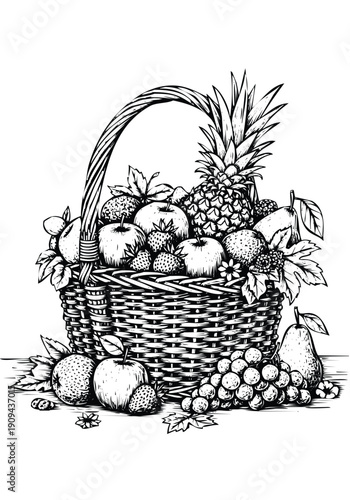 Basket of Bountiful: A detailed illustration of a wicker basket overflowing with a vibrant assortment of fresh fruits, ready to be enjoyed.