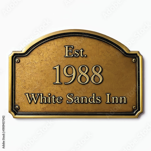 Vintage style bronze plaque displaying established date 1988 and the name white sands inn for historical building identification or timeless lodging signage needs