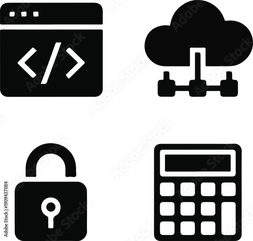 Technology and Web Development Icon Set - Cloud Computing, Coding, Security Lock, and Calculator Symbols