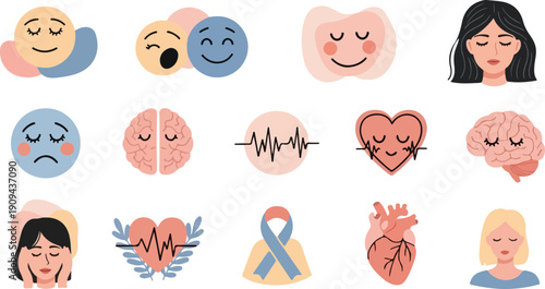 Mental health awareness and emotional wellbeing icon set featuring brain health, heart care, diverse facial expressions, and psychological support symbols in flat design