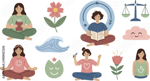 Mental Health Awareness and Self Care Illustration Set with Women Meditating, Emotional Balance, and Wellness Concept