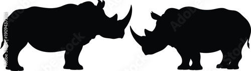 Two rhinoceros silhouettes facing each other isolated on white background, African safari wildlife animal illustration design graphic