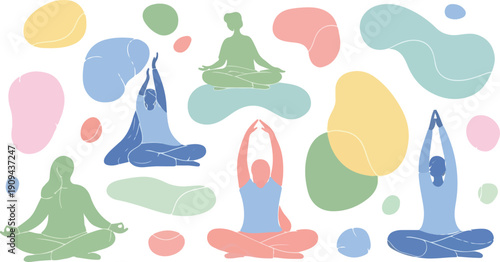 Mental Health Awareness Concept with People Practicing Yoga and Meditation Surrounded by Abstract Shapes for Mindfulness, Wellness, and Emotional Balance