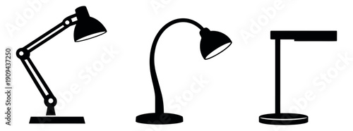 Modern silhouette desk lamp icon set featuring three distinct designs for office or study environments