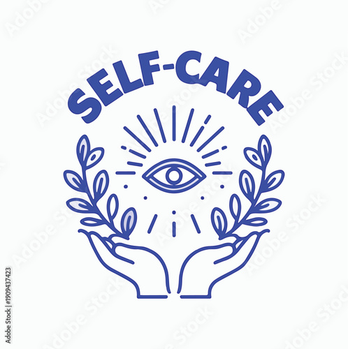 Minimalist blue line art logo design featuring supportive hands cradling a shining all-seeing eye surrounded by laurel branches emphasizing mindful wellbeing and personal growth concepts