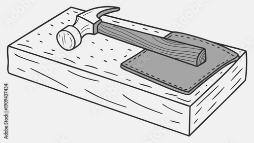 A vector graphic illustration of a hammer and chisel on a wooden block