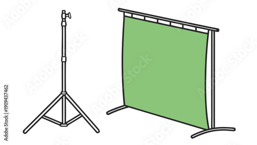 A minimalist vector graphic illustration of a green screen and a lighting stand