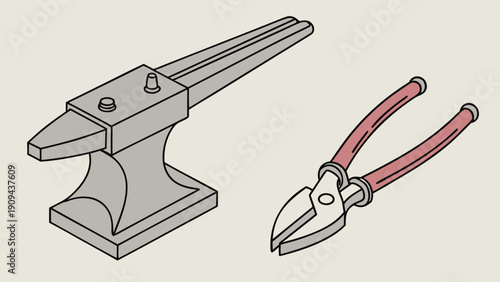 A vector graphic illustration of a metalworking anvil and pliers on a plain background