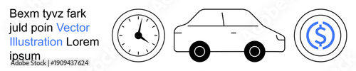 Time management, car rental, transportation, financial services, cost tracking, planning. A clock, car and dollar symbol . Time management and financial services concepts