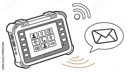 A vector graphic illustration of a rugged tablet with Wi-Fi connectivity and email communication icons