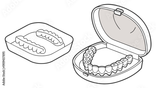 A vector graphic illustration of dental aligner trays in their cases, showcasing orthodontic treatment tools.