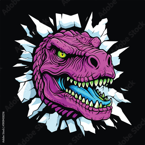 Fierce purple tyrannosaurus rex head bursting dramatically through a white ice or concrete wall with sharp broken shards against a black background illustrating prehistoric power and menace