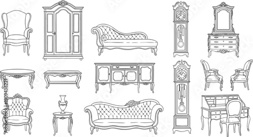 Antique furniture set with chairs sofas clocks and dressers