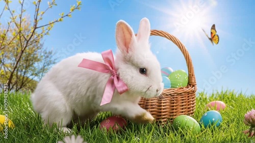 Adorable white bunny with pink ribbon exploring colorful Easter eggs in a basket. Vibrant spring setting with butterflies and sunlight highlights the lively seasonal atmosphere.