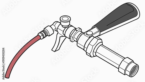 A detailed illustration of a beer keg tap with a red hose