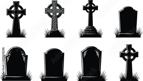 Set of gravestone silhouettes with Celtic crosses and tombstones for cemetery design isolated on white background cad drawing flat vector illustration