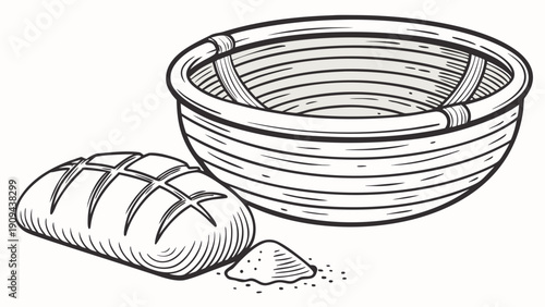 A black and white vector illustration of a wicker basket with a loaf of bread and a pile of flour
