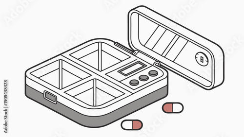 A vector graphic illustration of an open pill box with pills on a white background