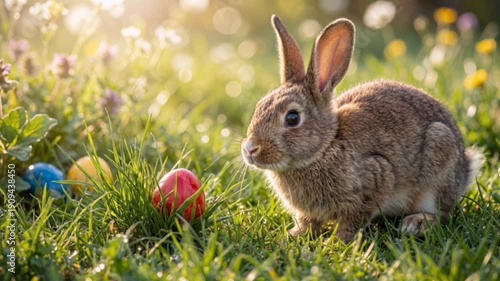Young rabbit surrounded by colorful Easter eggs in a sunlit field. The warm golden light highlights the peaceful scene, symbolizing the beauty of spring and new beginnings.
