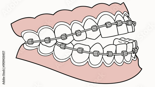 A vector graphic illustration of a set of teeth with metal braces on a white background
