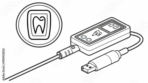 A vector graphic illustration of a dental tool with a USB connector and a tooth logo