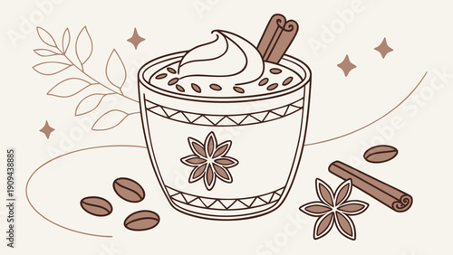 A vector graphic illustration of a cup of coffee with whipped cream and cinnamon sticks