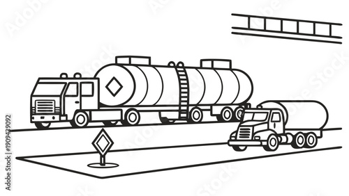 Tanker truck and trailer transporting liquids on the road.