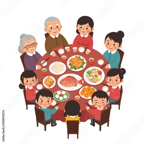 A heartwarming illustration of a multi-generational Chinese family enjoying a festive reunion dinner around a round table laden with traditional dishes, celebrating togetherness and cultural heritage