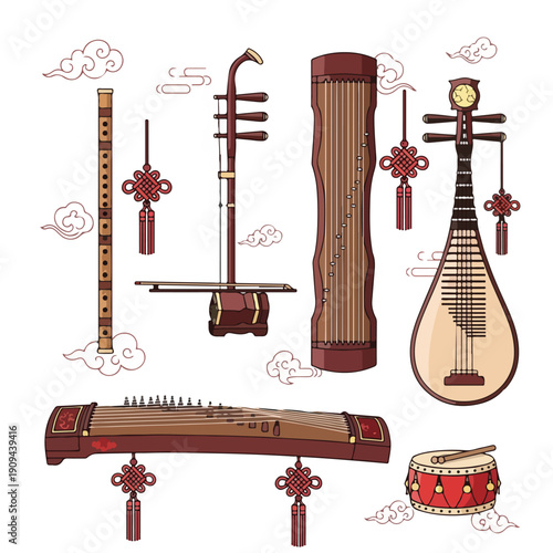 Collection of traditional Chinese musical instruments with decorative elements and cultural motifs