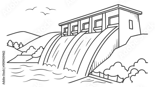 Black and white illustration of a dam with water flowing over it.
