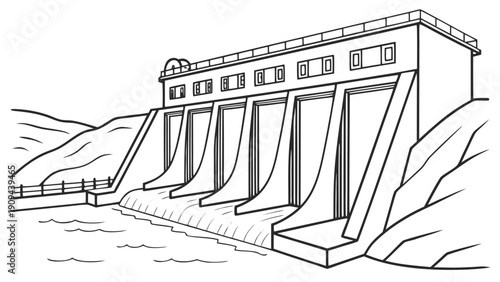 Hydroelectric Dam Water Control Structure Line Art.