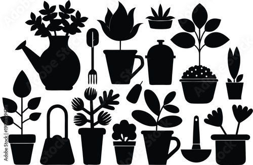Black and white gardening illustration isolated on transparent background, Vector, illustration