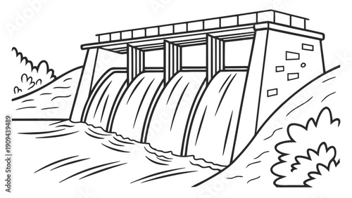Black and white illustration of a dam with flowing water.