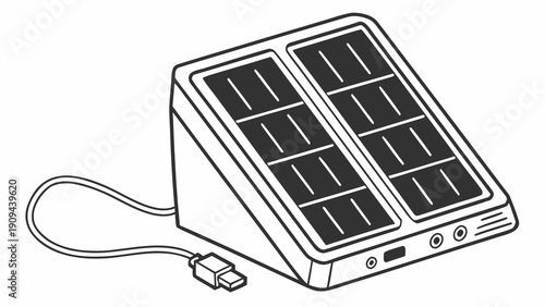 Simple line drawing of a portable solar panel charger with a USB cable.