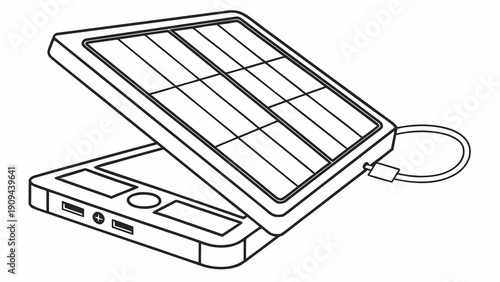Portable Solar Panel Power Bank Device with USB Ports and Charging Cable.