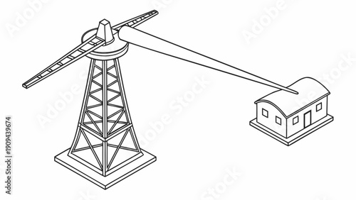 Simple line drawing of a wind turbine generating power for a house.