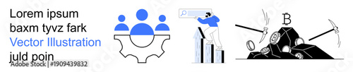 Blockchain, cryptocurrency, teamwork, data analytics, digital platforms, finance. People in a gear, someone analyzing data tools mining bitcoin. Cryptocurrency and teamwork concepts