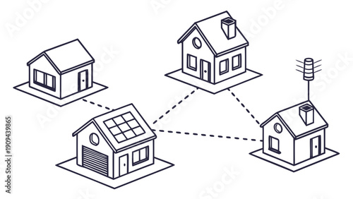 Network of connected houses with solar panels and antenna.