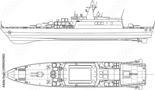 Black and white line of a military patrol boat side and view navy warship vessel