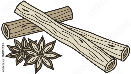 A vector graphic illustration of cinnamon sticks and star anise on a white background