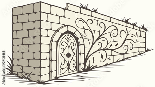 A vector graphic illustration of a stone wall with an ornate gate and decorative ironwork