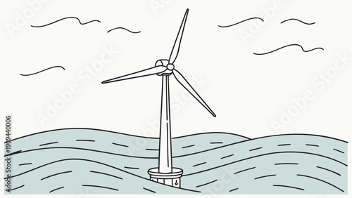 Simple line drawing of offshore wind turbine in ocean waves.