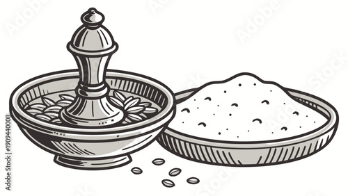 A black and white illustration of a mortar and pestle with coffee beans and sugar