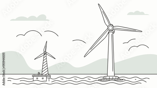 Offshore wind turbines in the ocean with hills in the background.